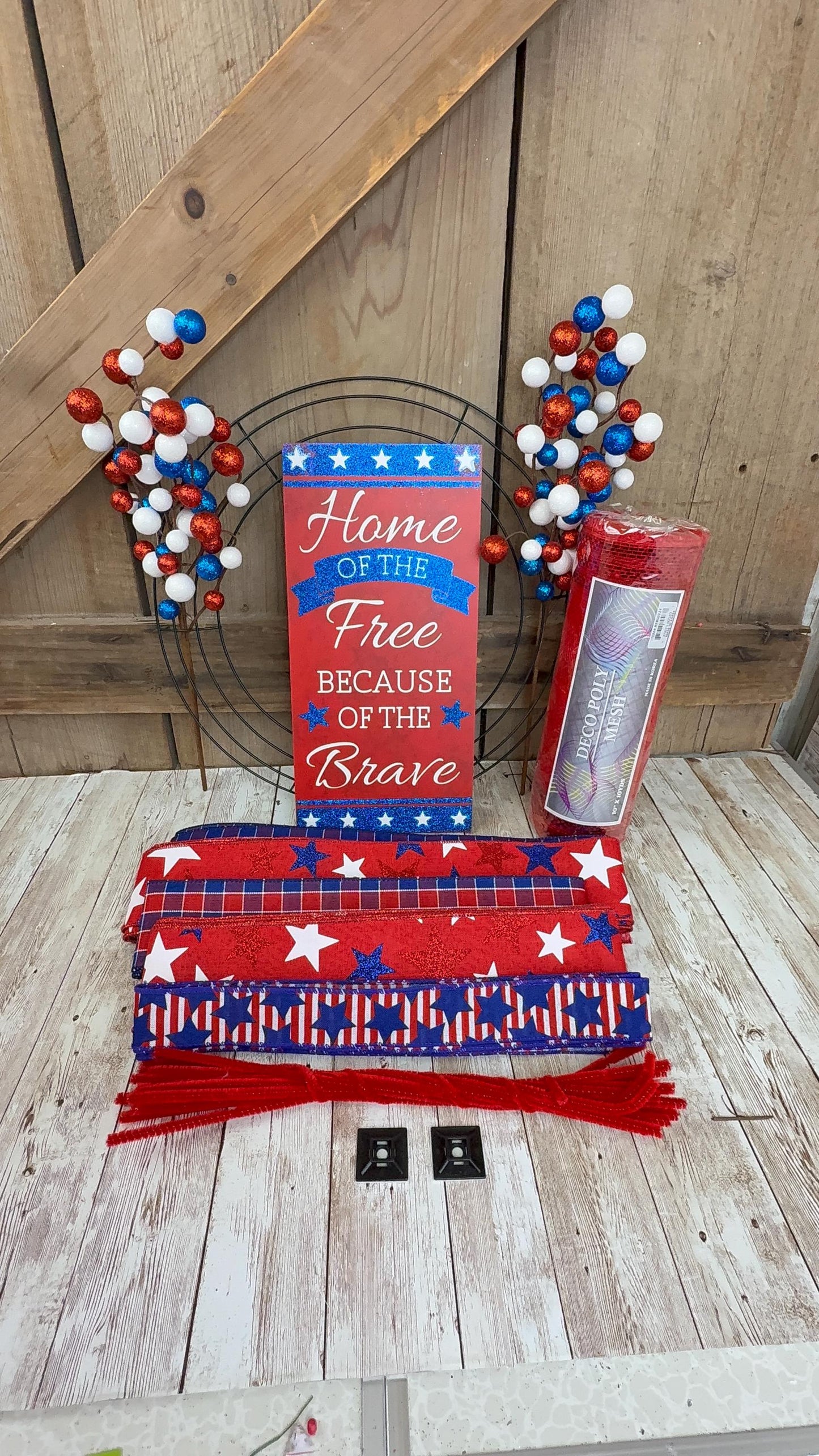 Patriotic Wreath Kit, Thin Red White and Blue Wreath Kit, Do It Yourself Fourth of July Wreath Kit, Memorial Day Ribbon Mesh and Sign Bundle
