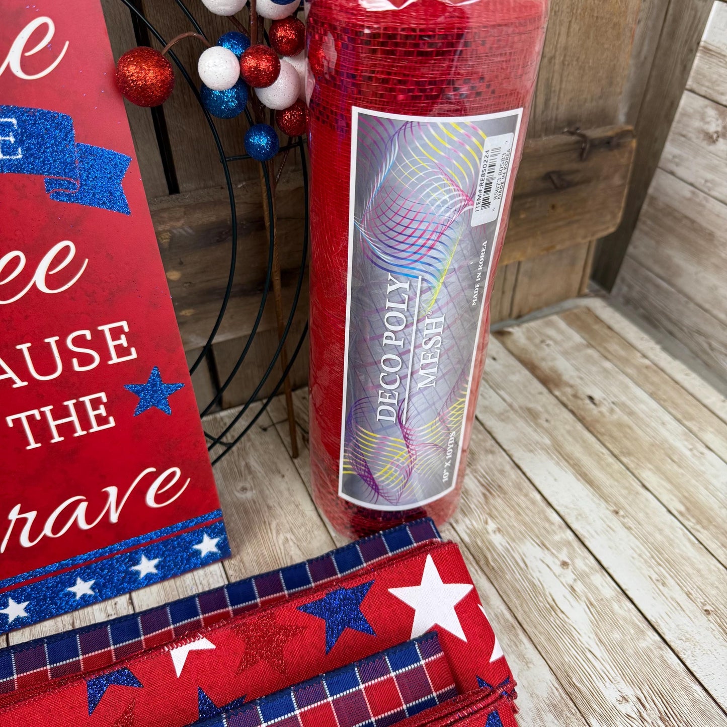 Patriotic Wreath Kit, Thin Red White and Blue Wreath Kit, Do It Yourself Fourth of July Wreath Kit, Memorial Day Ribbon Mesh and Sign Bundle