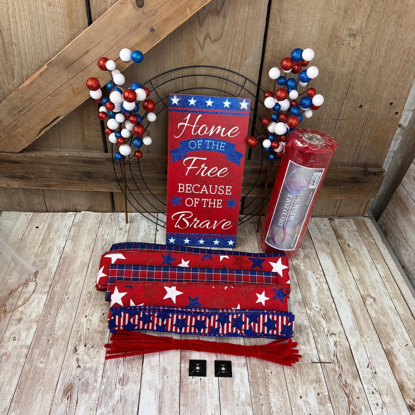 Patriotic Wreath Kit, Thin Red White and Blue Wreath Kit, Do It Yourself Fourth of July Wreath Kit, Memorial Day Ribbon Mesh and Sign Bundle