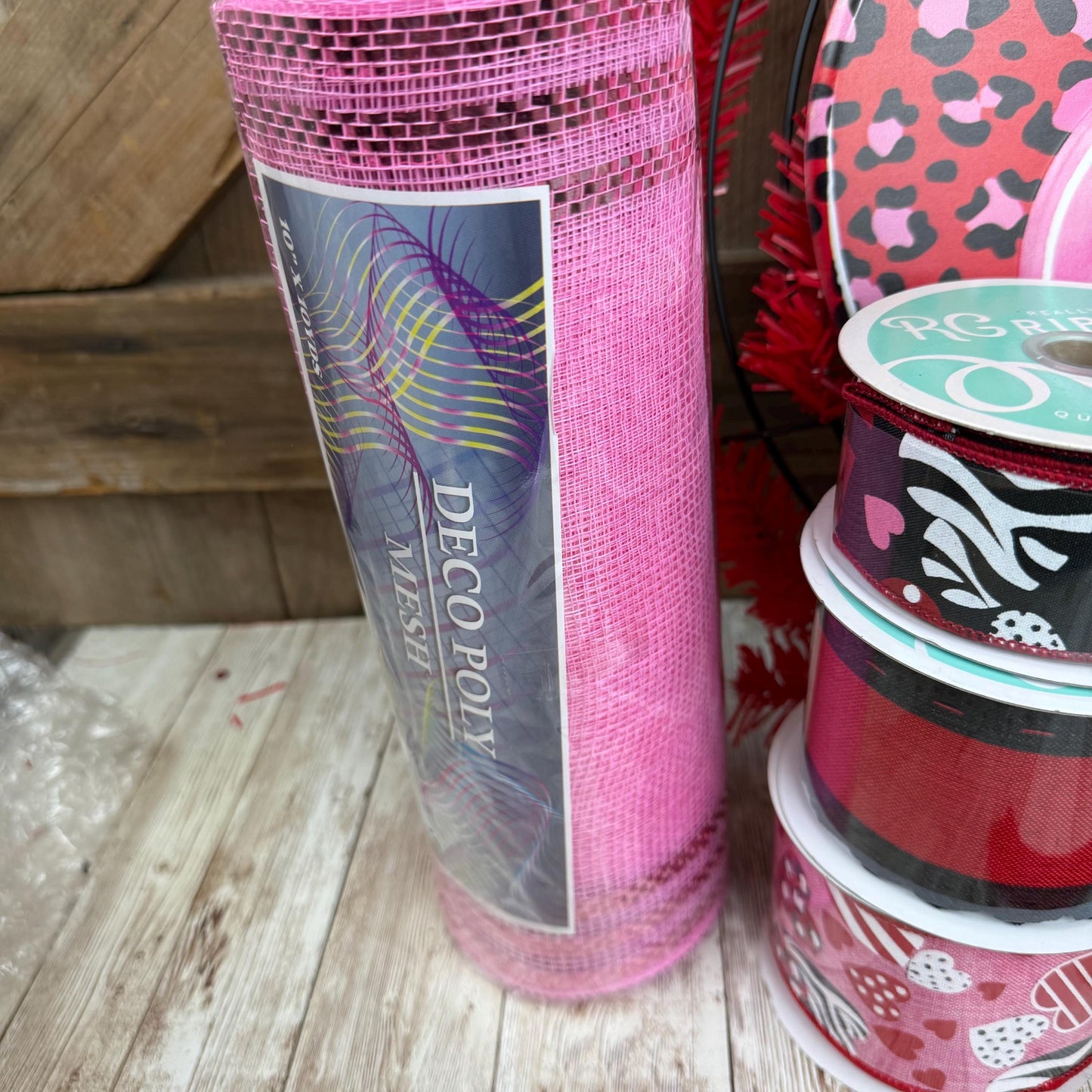 Large Valentine Wreath KIT WITH VIDEO, Pink Leopard Heart Wreath Kit, Do It Yourself Wreath Kit, Valentine’s Day Pink Red Ribbon Mesh Sign