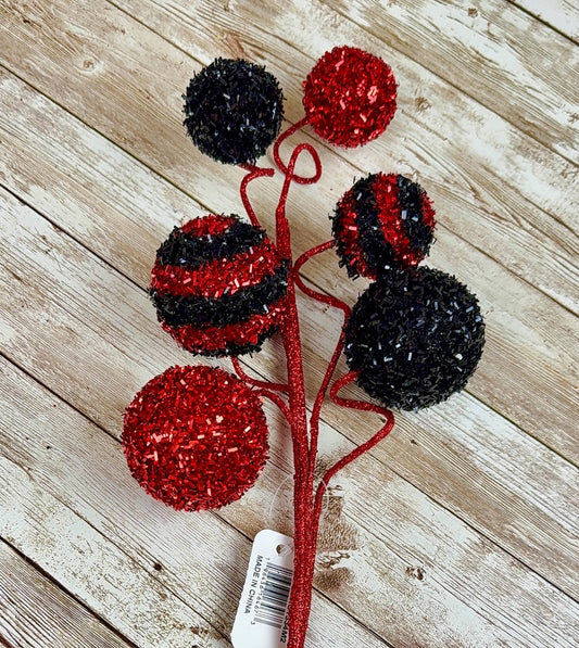 20" Red and Black Foil Ball Pick, Valentine’s Day Decor, Ball Spray for Wreath, Valentine Ball Spray, V-Cut Foil Solid & Stripe Balls Spray