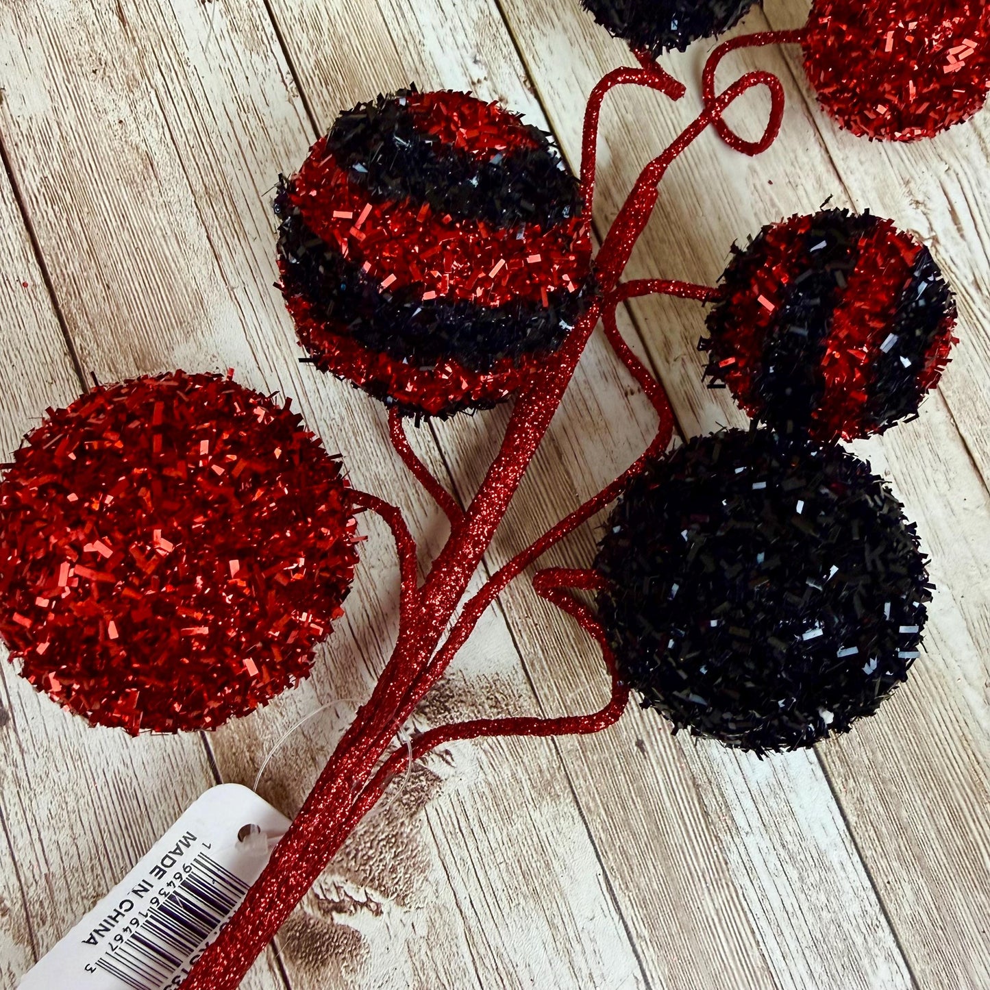 20" Red and Black Foil Ball Pick, Valentine’s Day Decor, Ball Spray for Wreath, Valentine Ball Spray, V-Cut Foil Solid & Stripe Balls Spray