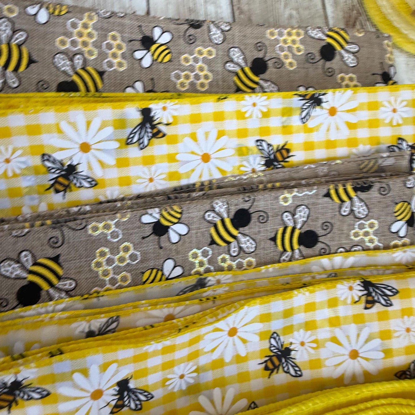Honey Bee & Co Wreath Kit WITH VIDEO, Do It Yourself Thin Wreath Kit, Yellow and Beige Bee Ribbon Mesh Sign Bundle, DIY Spring Summer Decor