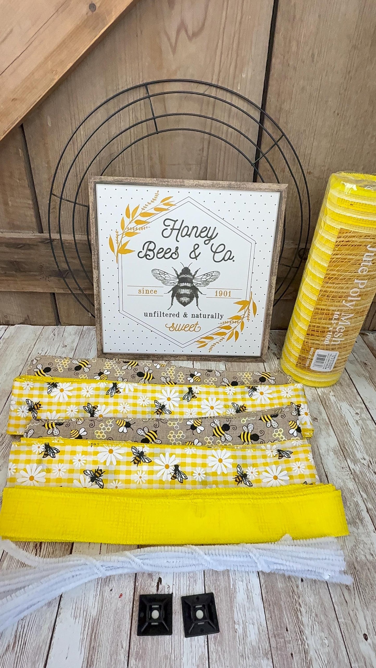 Honey Bee & Co Wreath Kit WITH VIDEO, Do It Yourself Thin Wreath Kit, Yellow and Beige Bee Ribbon Mesh Sign Bundle, DIY Spring Summer Decor