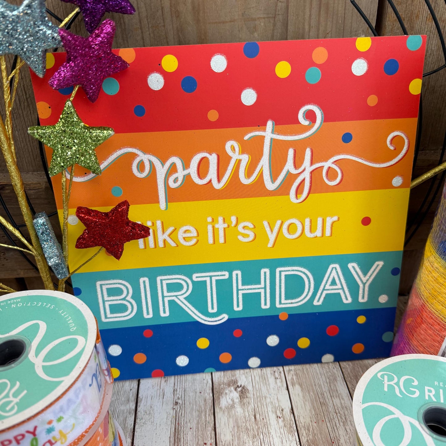 Birthday Wreath Kit, Thin Celebration Wreath Kit, DIY Party Like It’s Your Birthday Sign Mesh and Ribbon Bundle, Birthday Party Decoration
