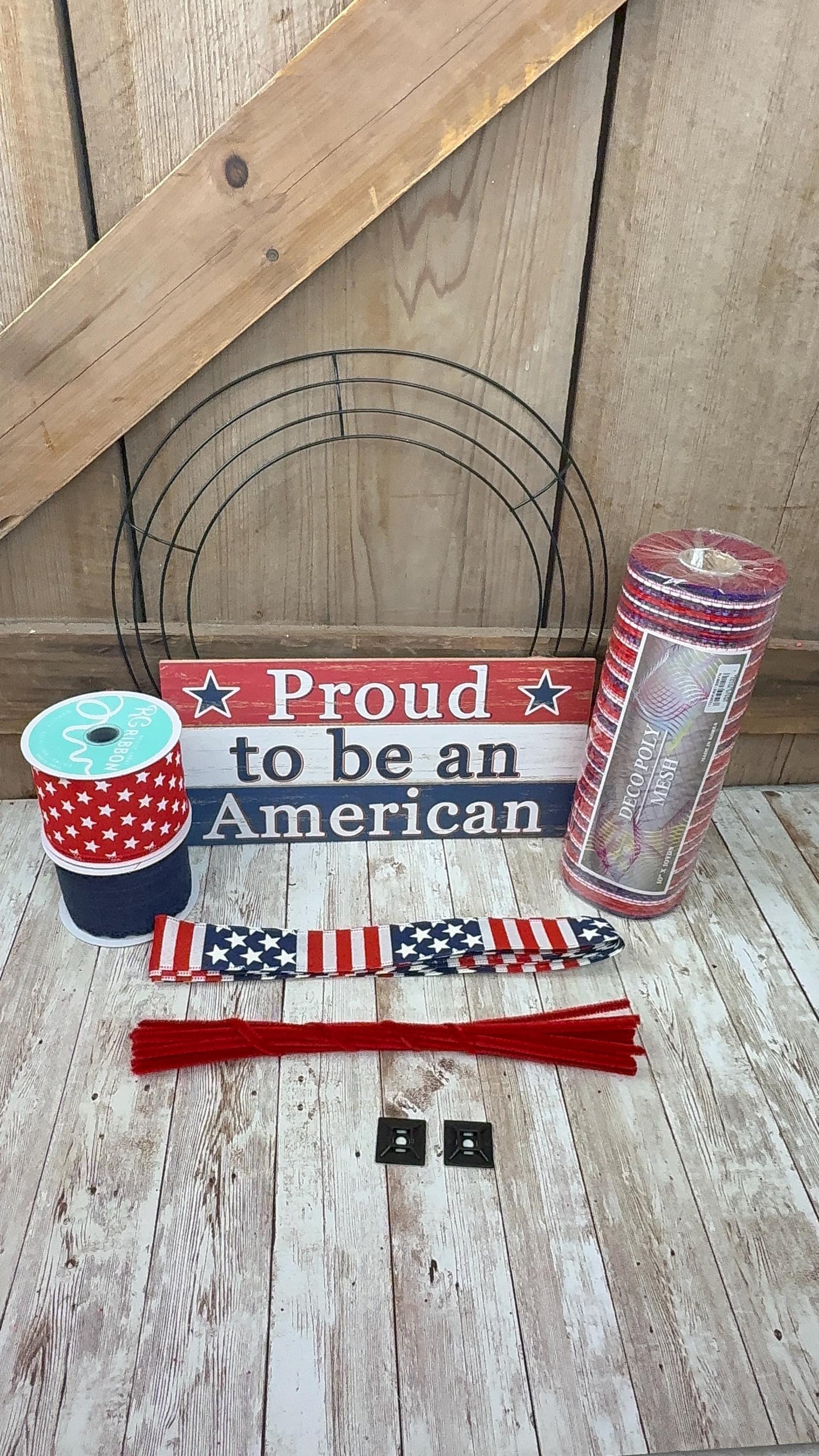 Patriotic Wreath Kit, Thin Red White and Blue Wreath Kit, DIY Fourth of July Wreath Kit, Proud to Be an American Ribbon Mesh and Sign Bundle
