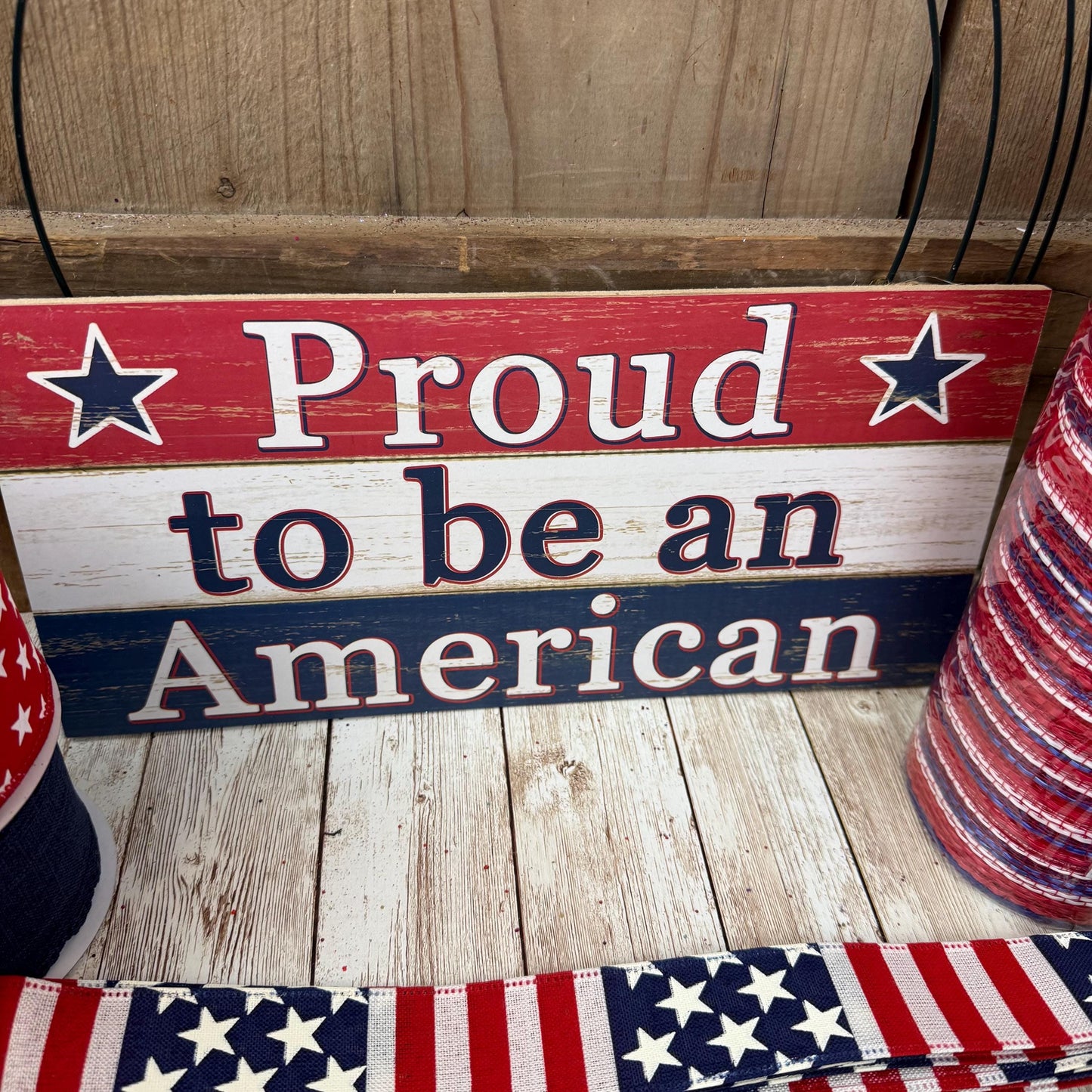 Patriotic Wreath Kit, Thin Red White and Blue Wreath Kit, DIY Fourth of July Wreath Kit, Proud to Be an American Ribbon Mesh and Sign Bundle