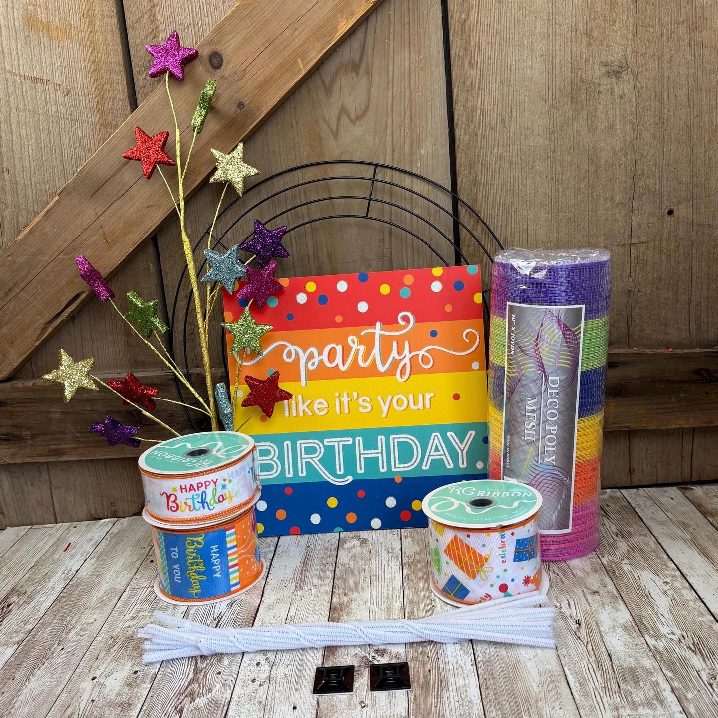 Birthday Wreath Kit, Thin Celebration Wreath Kit, DIY Party Like It’s Your Birthday Sign Mesh and Ribbon Bundle, Birthday Party Decoration