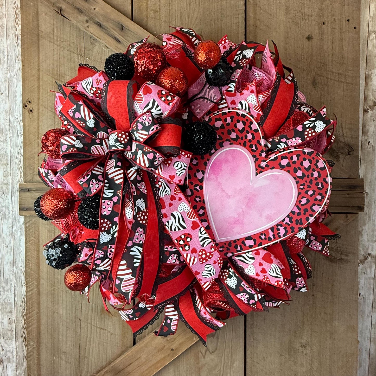 Large Valentine Wreath KIT WITH VIDEO, Pink Leopard Heart Wreath Kit, Do It Yourself Wreath Kit, Valentine’s Day Pink Red Ribbon Mesh Sign