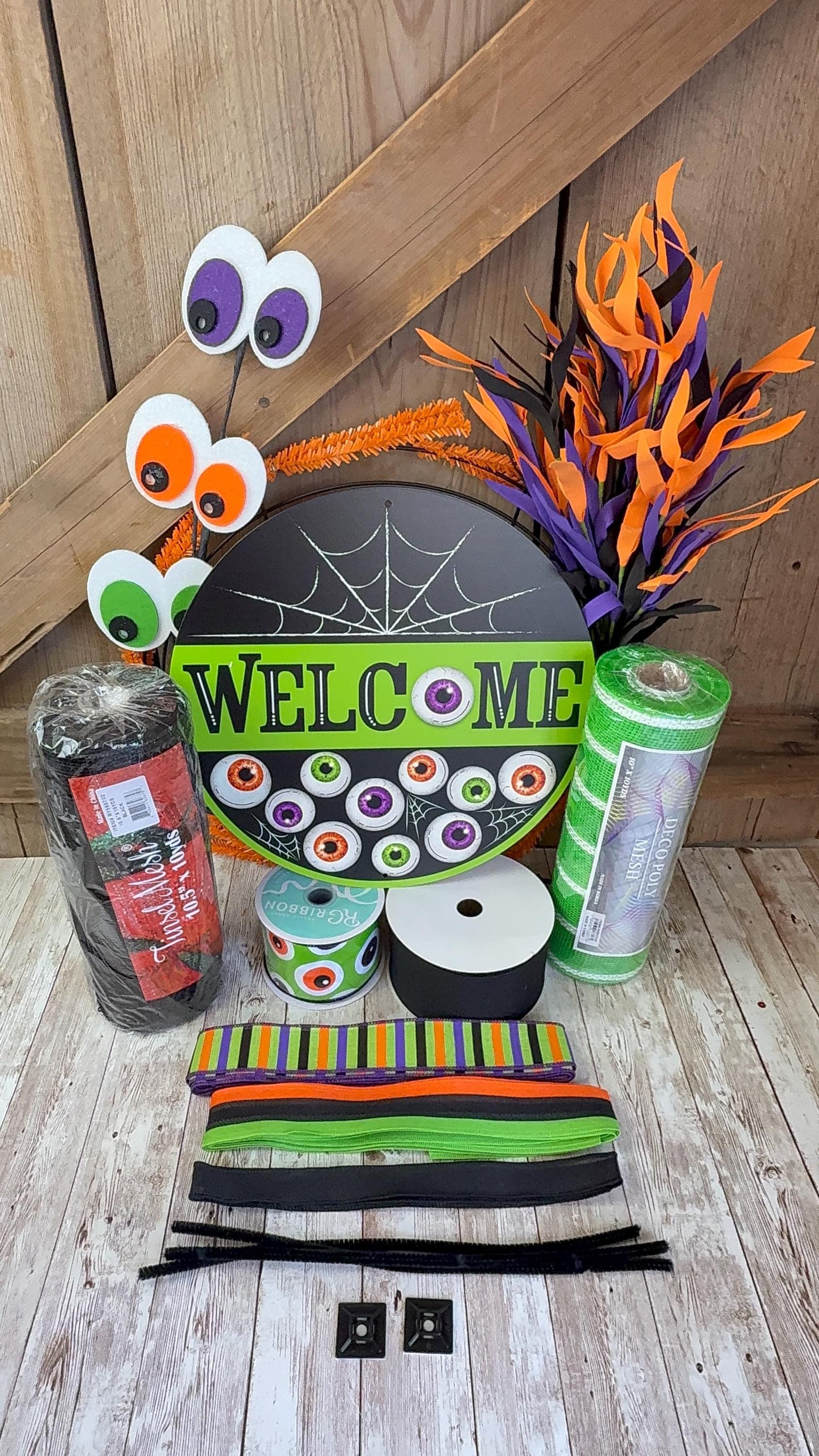Welcome Eyeballs Halloween Wreath Kit, Large Halloween Wreath Kit, DIY Halloween Wreath Kit, Green Black Halloween Ribbon Mesh Sign Bundle