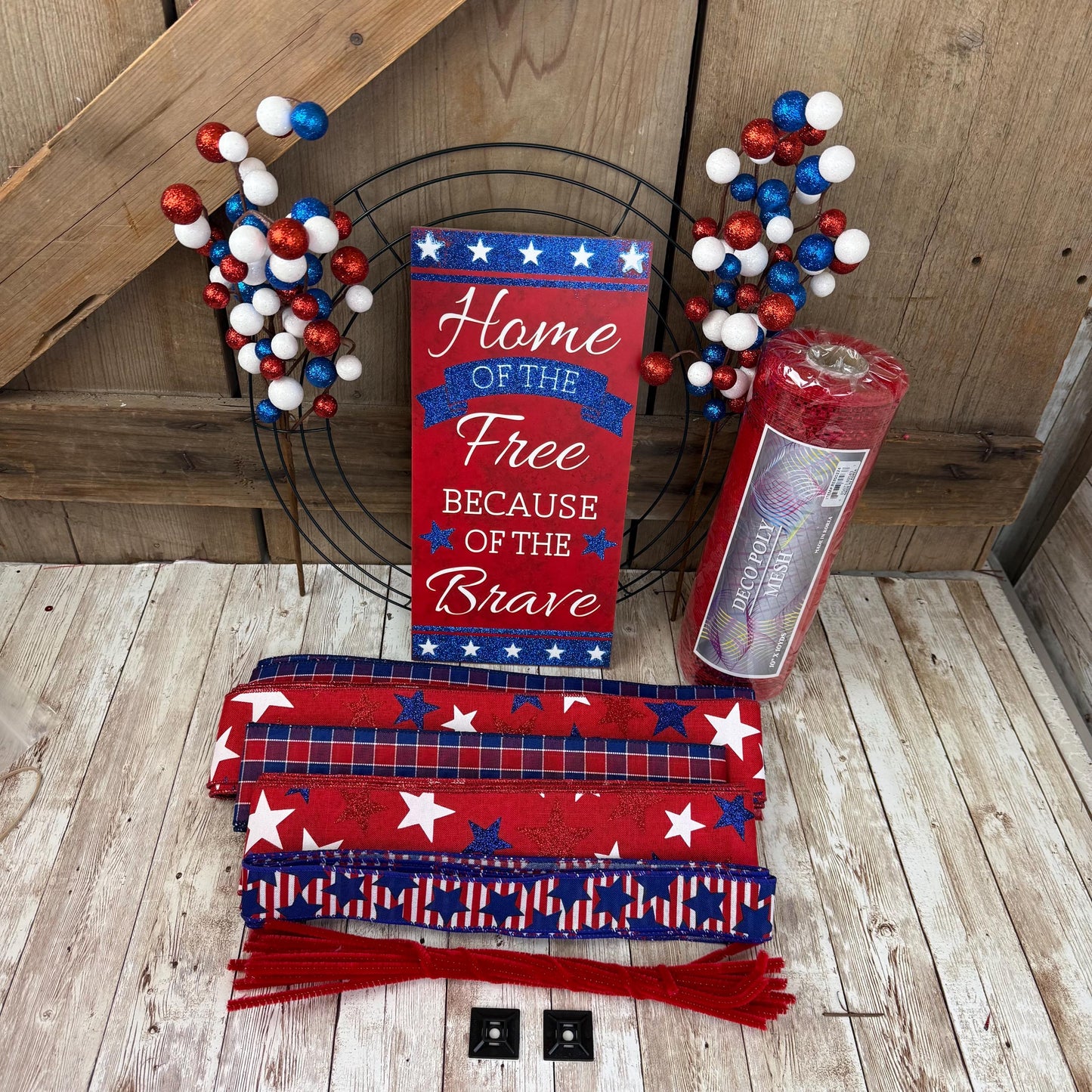 Patriotic Wreath Kit, Thin Red White and Blue Wreath Kit, Do It Yourself Fourth of July Wreath Kit, Memorial Day Ribbon Mesh and Sign Bundle