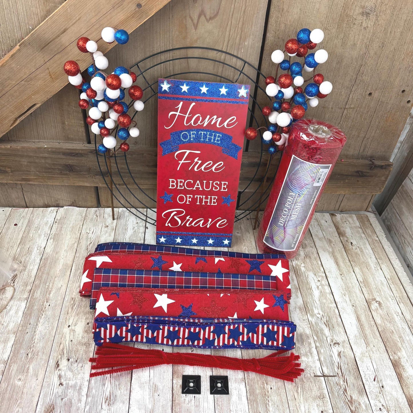 Patriotic Wreath Kit, Thin Red White and Blue Wreath Kit, Do It Yourself Fourth of July Wreath Kit, Memorial Day Ribbon Mesh and Sign Bundle