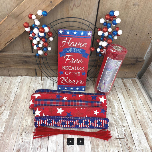 Patriotic Wreath Kit, Thin Red White and Blue Wreath Kit, Do It Yourself Fourth of July Wreath Kit, Memorial Day Ribbon Mesh and Sign Bundle