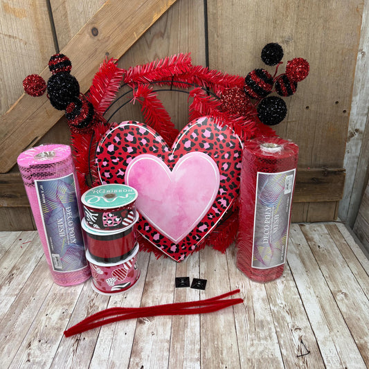 Large Valentine Wreath KIT WITH VIDEO, Pink Leopard Heart Wreath Kit, Do It Yourself Wreath Kit, Valentine’s Day Pink Red Ribbon Mesh Sign