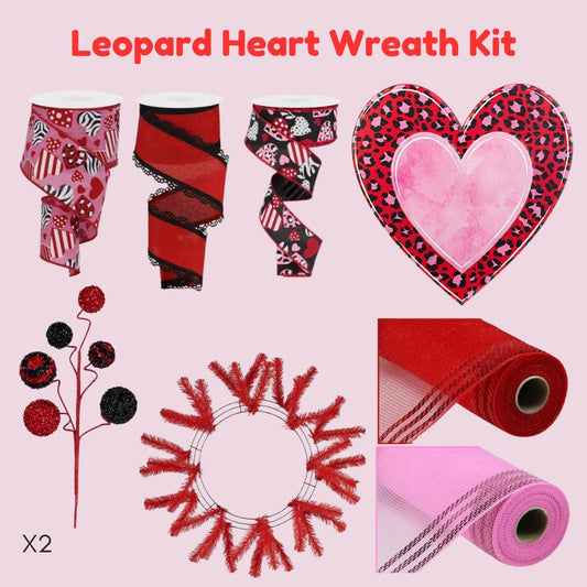 Large Valentine Wreath KIT WITH VIDEO, Pink Leopard Heart Wreath Kit, Do It Yourself Wreath Kit, Valentine’s Day Pink Red Ribbon Mesh Sign