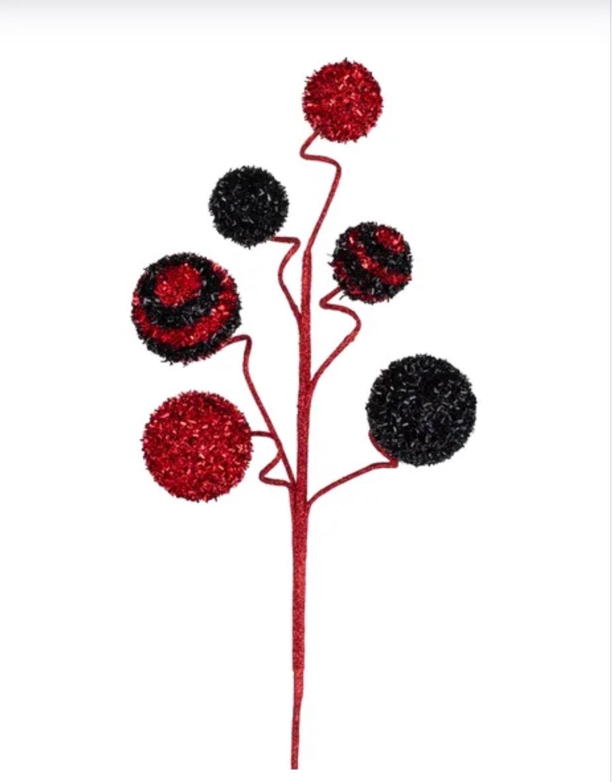 20" Red and Black Foil Ball Pick, Valentine’s Day Decor, Ball Spray for Wreath, Valentine Ball Spray, V-Cut Foil Solid & Stripe Balls Spray