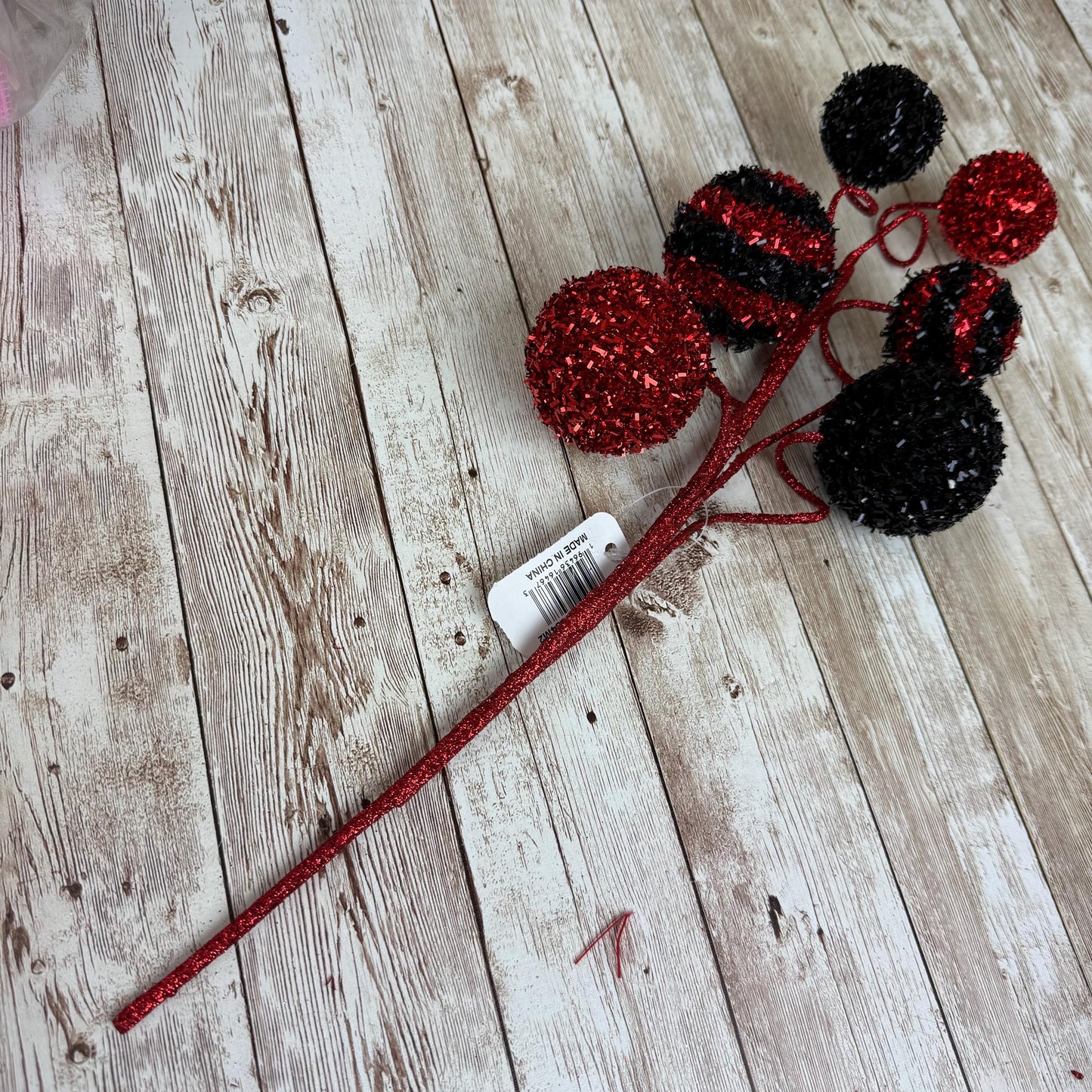 20" Red and Black Foil Ball Pick, Valentine’s Day Decor, Ball Spray for Wreath, Valentine Ball Spray, V-Cut Foil Solid & Stripe Balls Spray