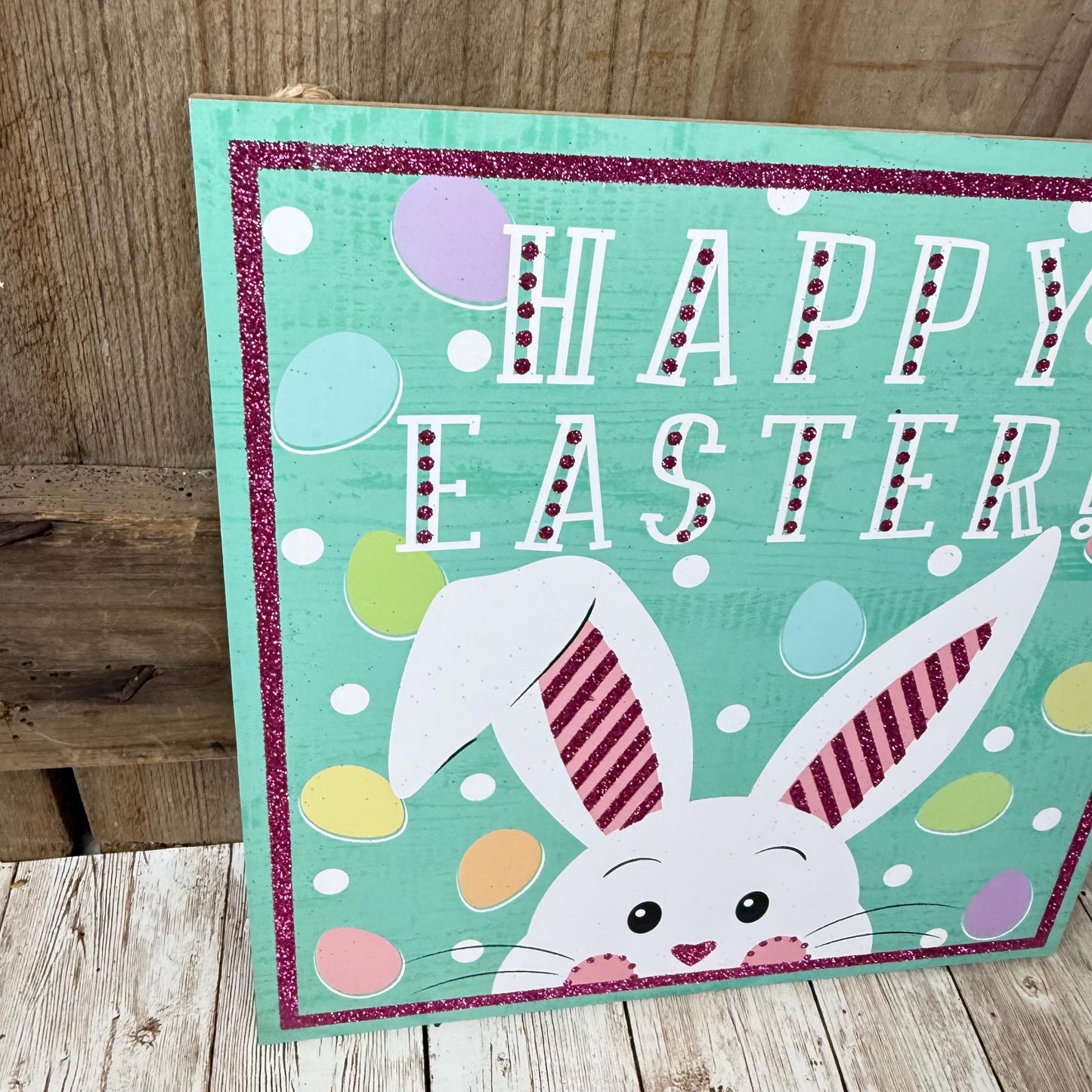 Happy Easter Sign, Pastel Bunny and Easter Eggs Wreath Sign, Mint Green Rabbit Door Hanger, Easter Bunny with Pink Glitter Ears Wall Decor