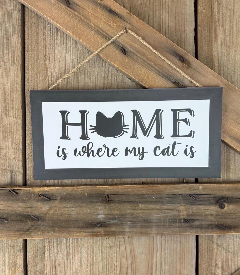 Home is Where My Cat Is Sign, Pet Love Wreath Sign, Cat Door Hanger, Feline Wall Decor, Black Kitty Wall Decoration, Cat Mom or Dad Gift