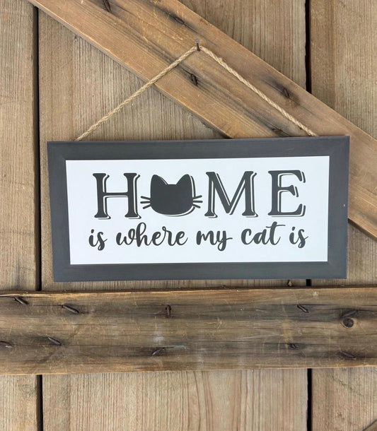Home is Where My Cat Is Sign, Pet Love Wreath Sign, Cat Door Hanger, Feline Wall Decor, Black Kitty Wall Decoration, Cat Mom or Dad Gift