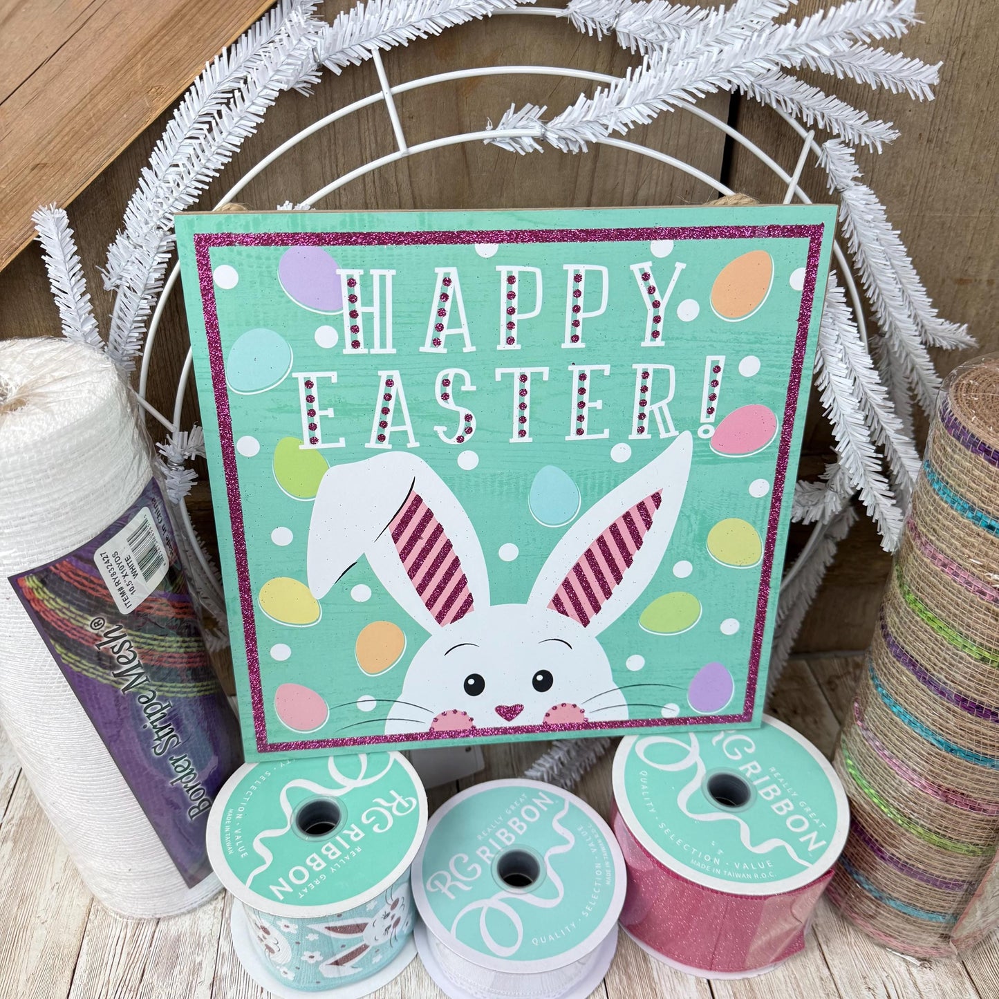 Large Easter Wreath Kit, Pink Pickup Truck Easter’s on It’s Way Wreath Kit, Do It Yourself Wreath Kit, Easter Pink & White Ribbon Mesh Sign