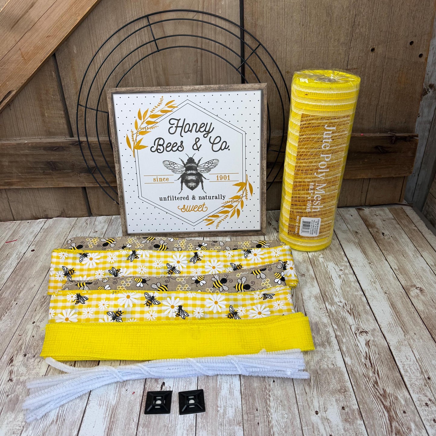 Honey Bee & Co Wreath Kit WITH VIDEO, Do It Yourself Thin Wreath Kit, Yellow and Beige Bee Ribbon Mesh Sign Bundle, DIY Spring Summer Decor