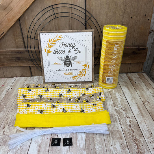 Honey Bee & Co Wreath Kit WITH VIDEO, Do It Yourself Thin Wreath Kit, Yellow and Beige Bee Ribbon Mesh Sign Bundle, DIY Spring Summer Decor