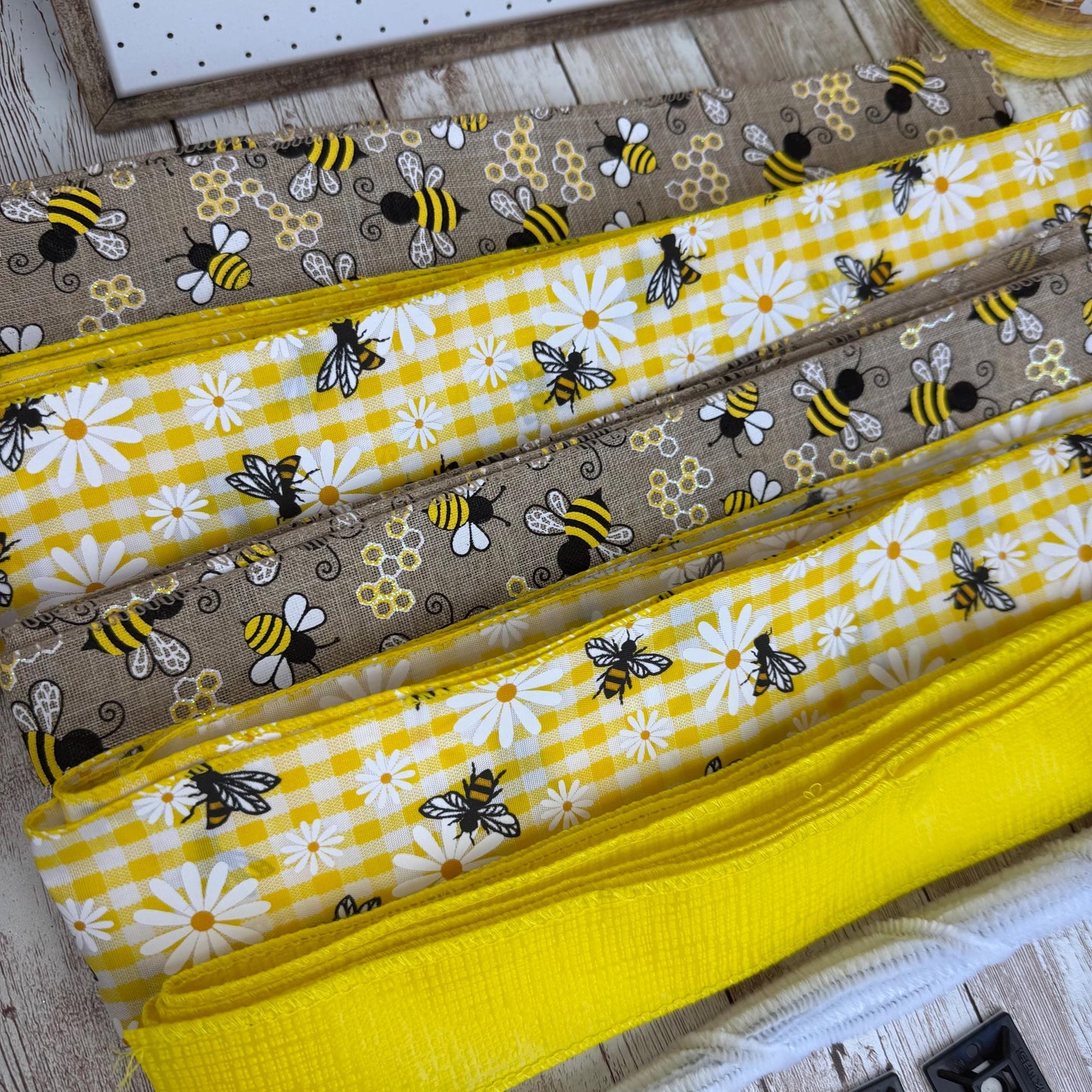 Honey Bee & Co Wreath Kit WITH VIDEO, Do It Yourself Thin Wreath Kit, Yellow and Beige Bee Ribbon Mesh Sign Bundle, DIY Spring Summer Decor