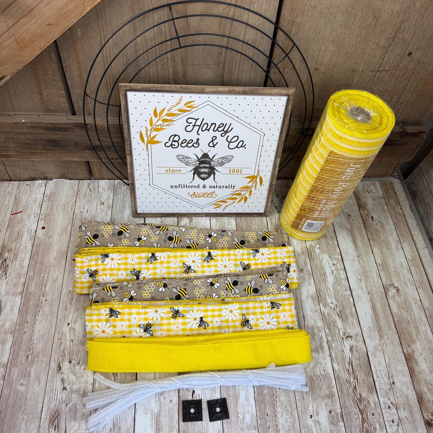 Honey Bee & Co Wreath Kit WITH VIDEO, Do It Yourself Thin Wreath Kit, Yellow and Beige Bee Ribbon Mesh Sign Bundle, DIY Spring Summer Decor