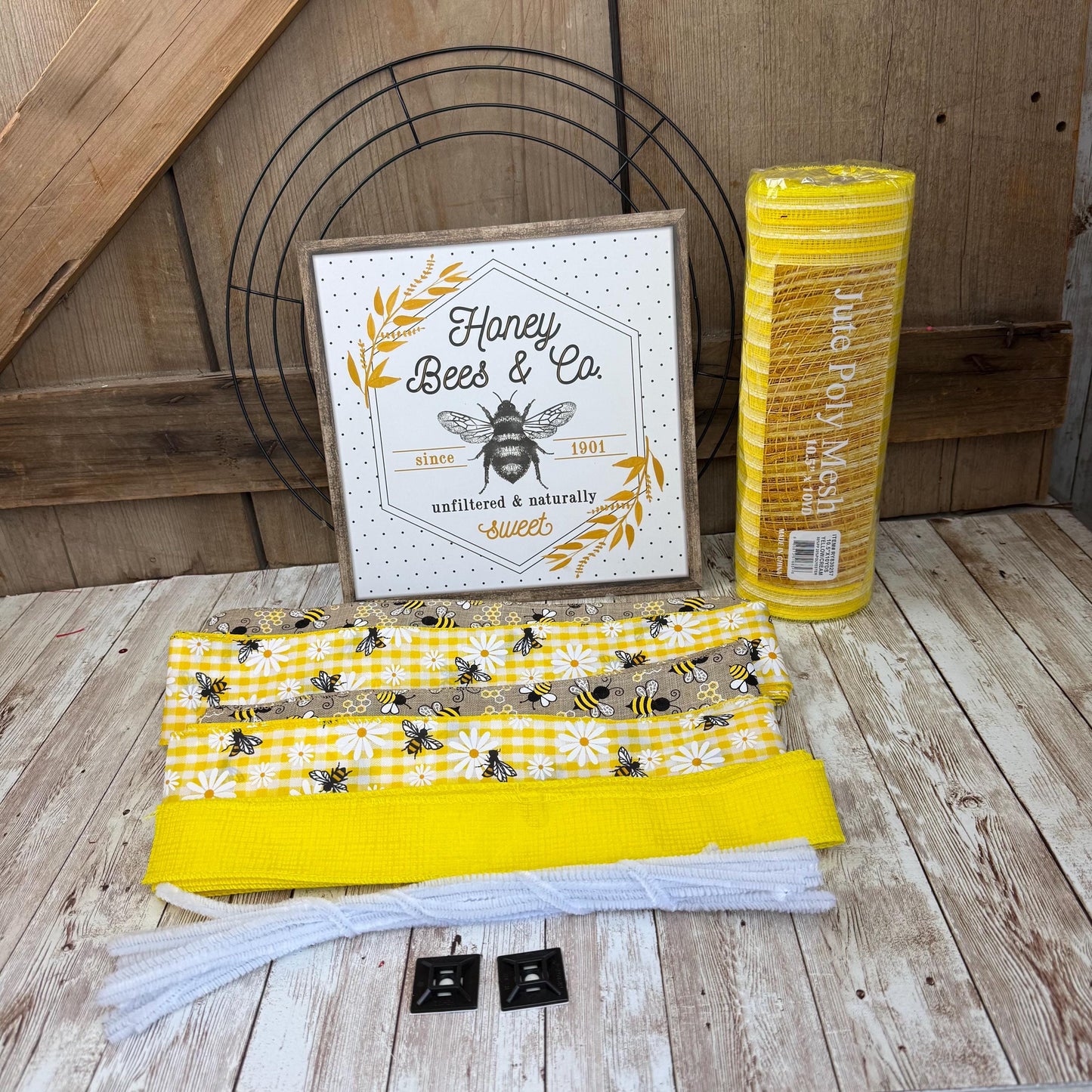 Honey Bee & Co Wreath Kit WITH VIDEO, Do It Yourself Thin Wreath Kit, Yellow and Beige Bee Ribbon Mesh Sign Bundle, DIY Spring Summer Decor