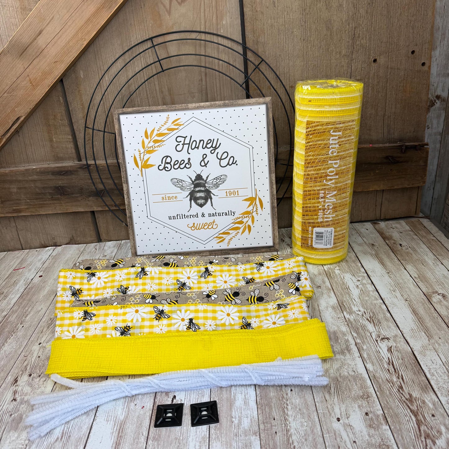 Honey Bee & Co Wreath Kit WITH VIDEO, Do It Yourself Thin Wreath Kit, Yellow and Beige Bee Ribbon Mesh Sign Bundle, DIY Spring Summer Decor