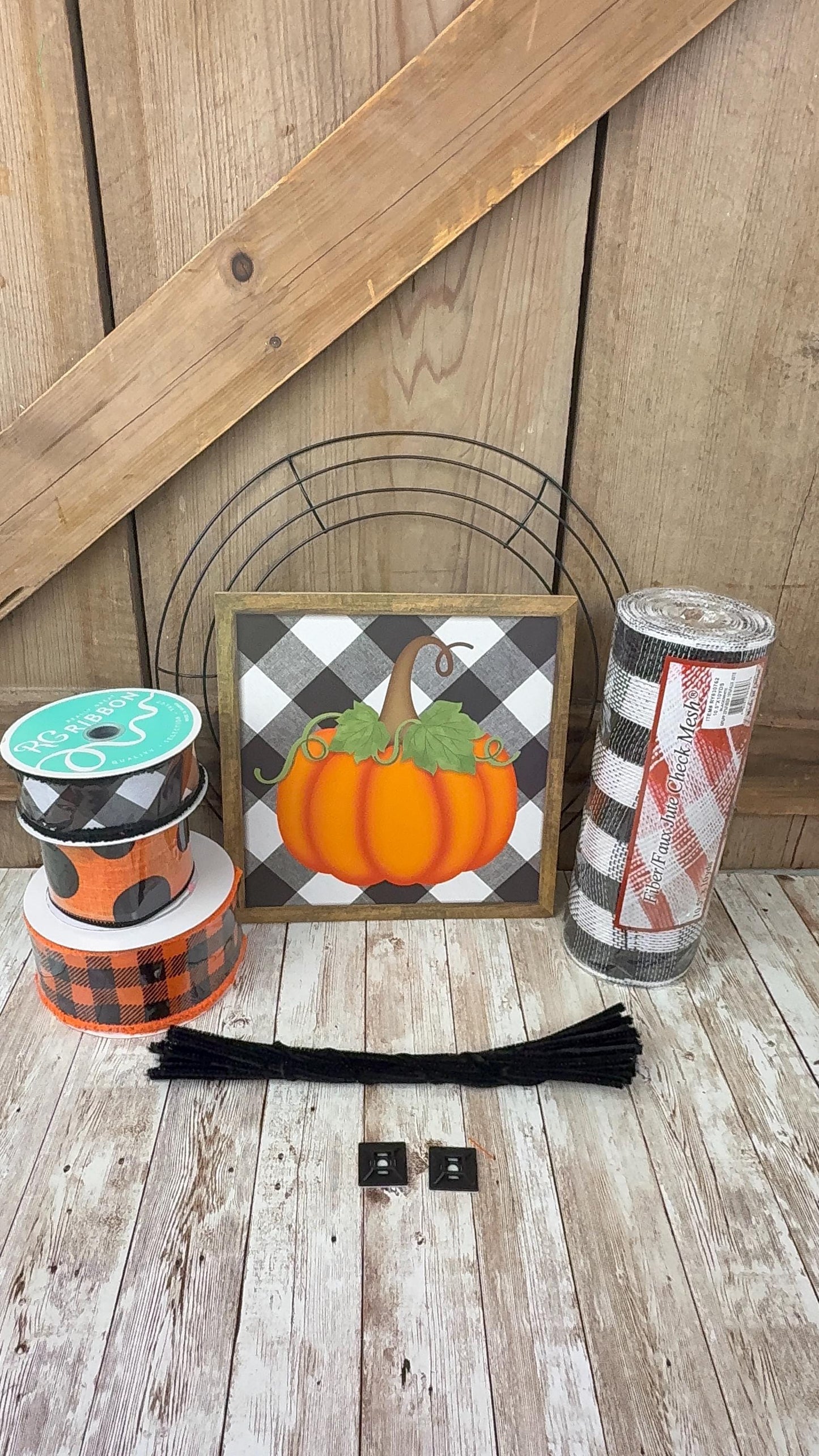 Halloween Wreath Kit, DIY Thin Fall Wreath Kit, Pumpkin Front Foor Decor, Rustic Farmhouse Door Hanger Kit, Orange Black White DIY Wreath
