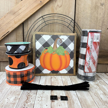 Halloween Wreath Kit, DIY Thin Fall Wreath Kit, Pumpkin Front Foor Decor, Rustic Farmhouse Door Hanger Kit, Orange Black White DIY Wreath