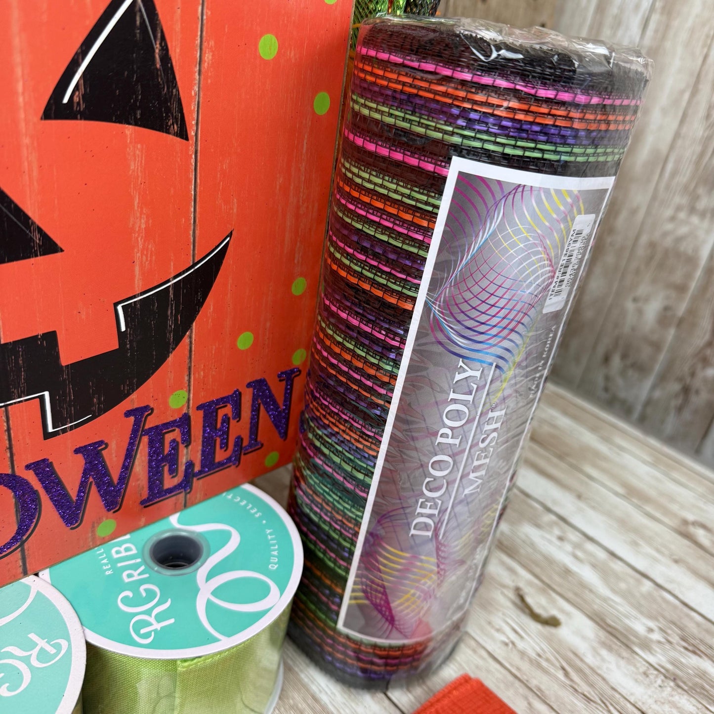 Large Happy Halloween Wreath Kit, Pumpkin Mesh Wreath Kit, DIY Halloween Front Door Decor, Orange Purple and Green Ribbon Mesh Sign Bundle
