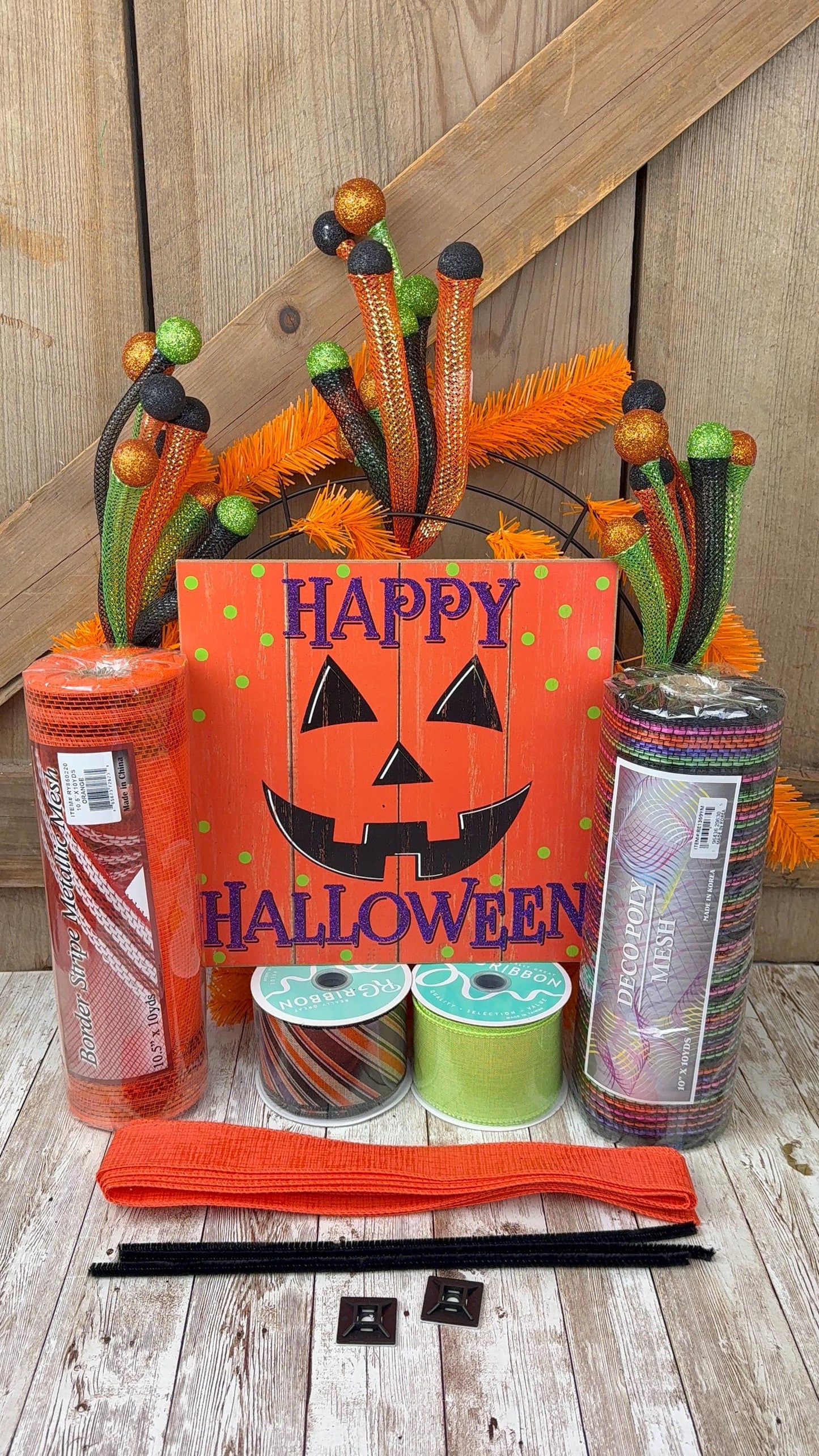 Large Happy Halloween Wreath Kit, Pumpkin Mesh Wreath Kit, DIY Halloween Front Door Decor, Orange Purple and Green Ribbon Mesh Sign Bundle