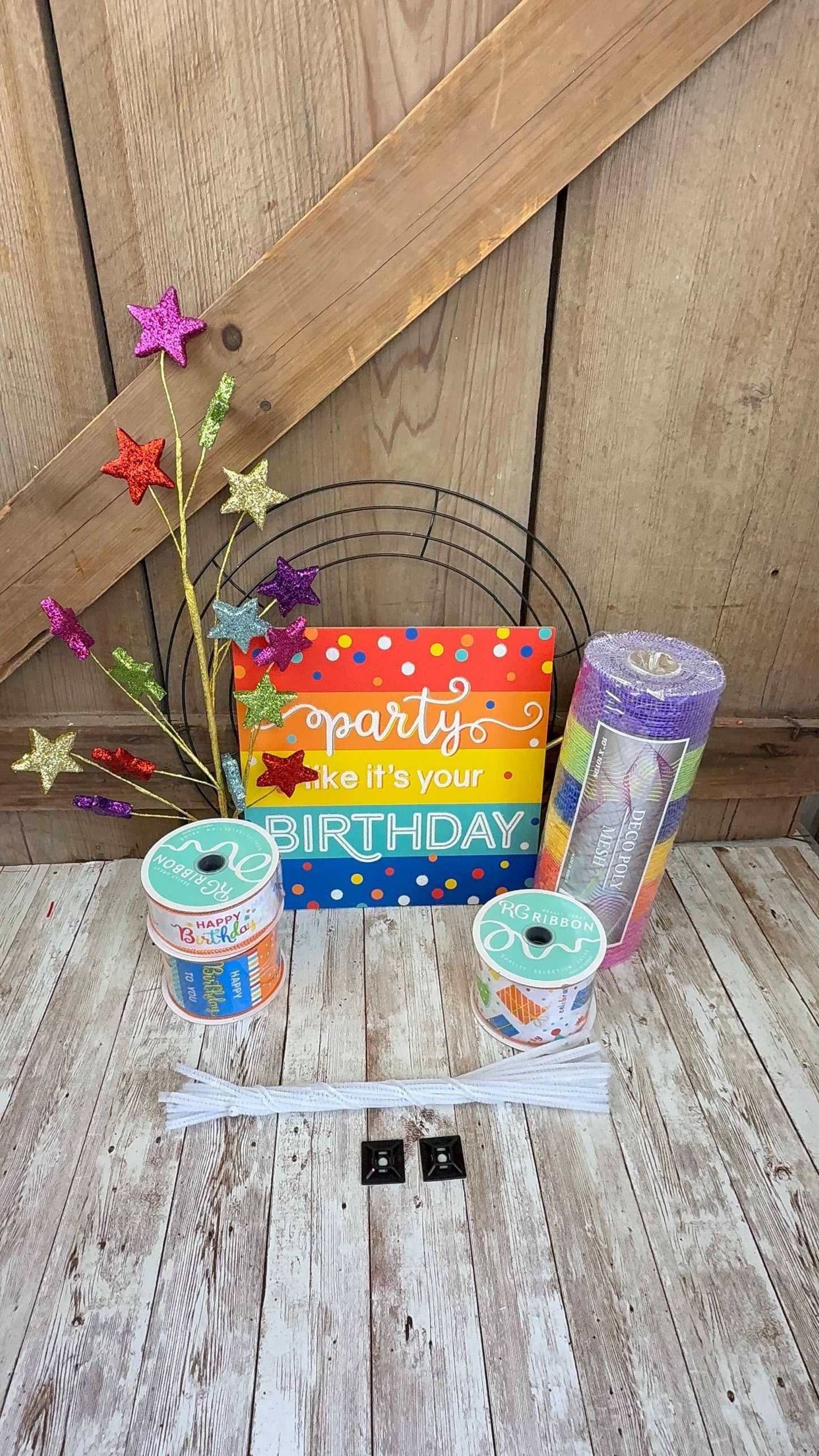 Birthday Wreath Kit, Thin Celebration Wreath Kit, DIY Party Like It’s Your Birthday Sign Mesh and Ribbon Bundle, Birthday Party Decoration