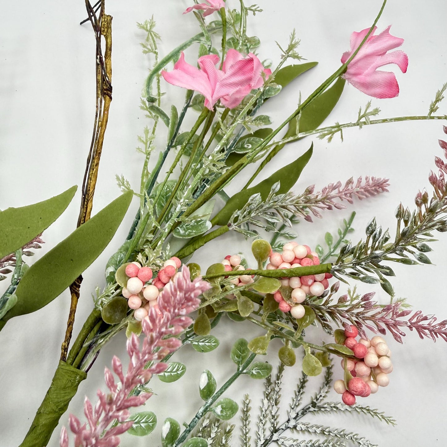 24"L Fabric Flower/EVA Leaf/Beads Spray: Pink, Pink Greenery Stem, Greenery Filler Bush with Leaves Buds and Pink Berries, 60919, FH807115