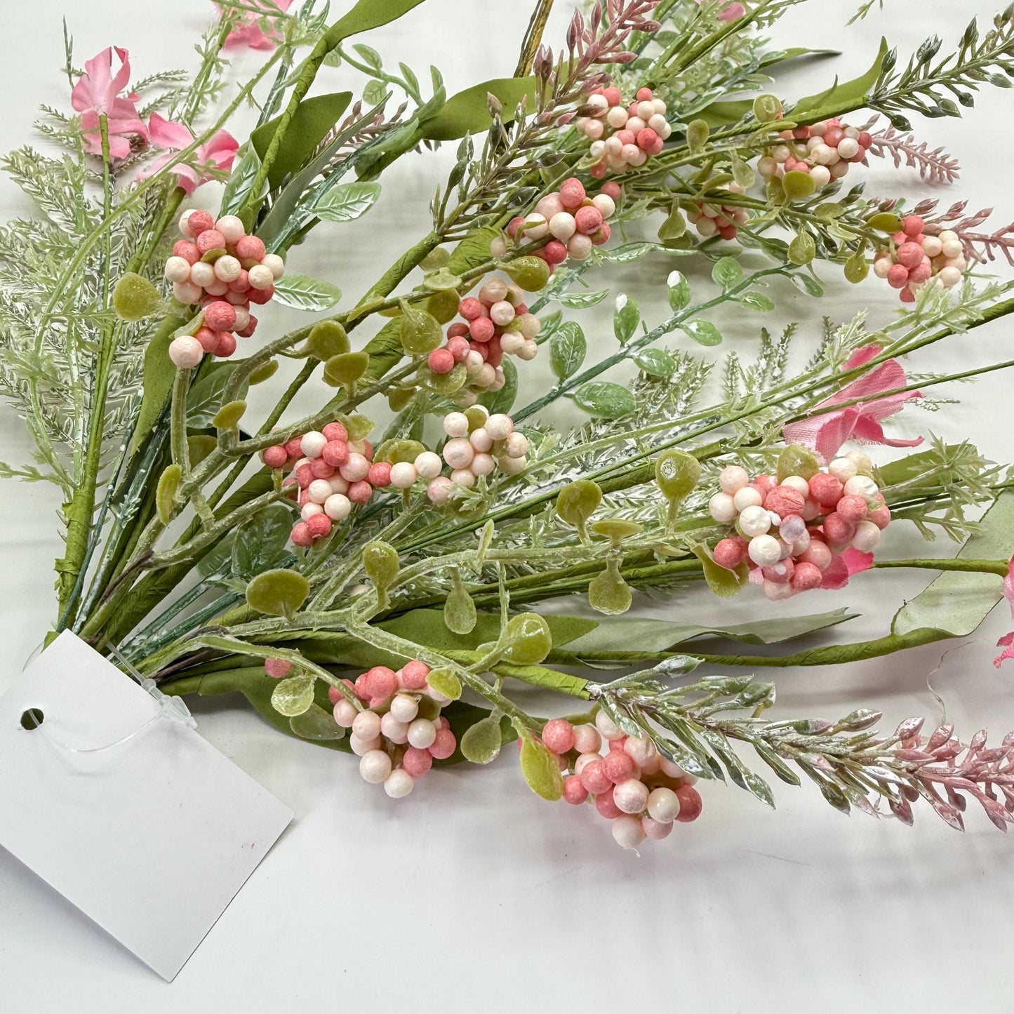 24"L Fabric Flower/EVA Leaf/Beads Spray: Pink, Pink Greenery Stem, Greenery Filler Bush with Leaves Buds and Pink Berries, 60919, FH807115