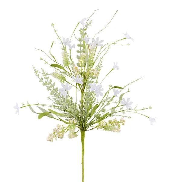 24"L Fabric Flower/EVA Leaf/Beads Spray: White, White Greenery Stem, Greenery Filler Bush with Leaves Buds  White Berries, 60919, FH807127