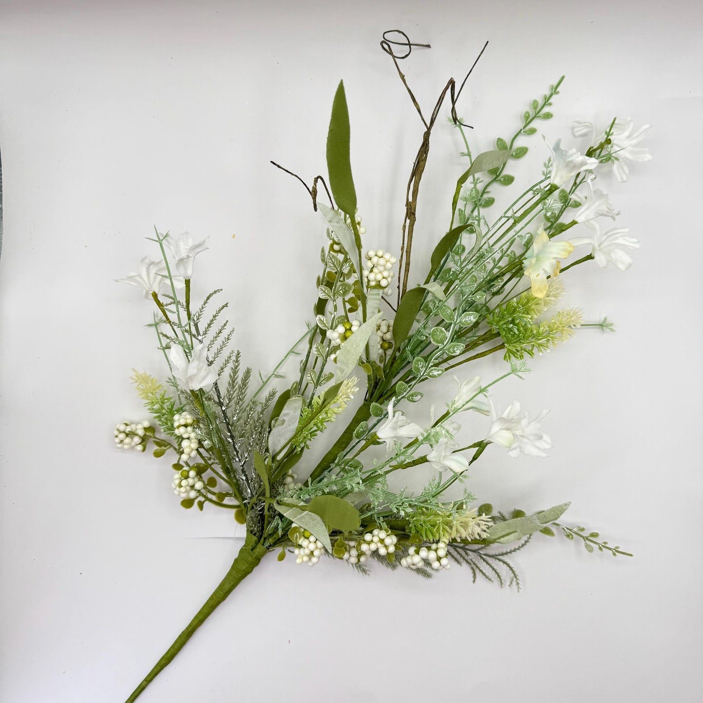 24"L Fabric Flower/EVA Leaf/Beads Spray: White, White Greenery Stem, Greenery Filler Bush with Leaves Buds  White Berries, 60919, FH807127