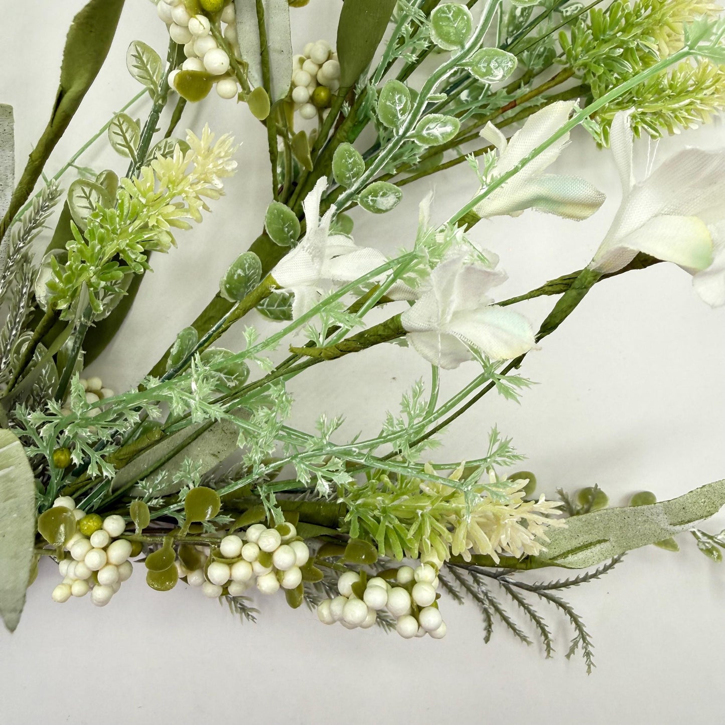 24"L Fabric Flower/EVA Leaf/Beads Spray: White, White Greenery Stem, Greenery Filler Bush with Leaves Buds  White Berries, 60919, FH807127