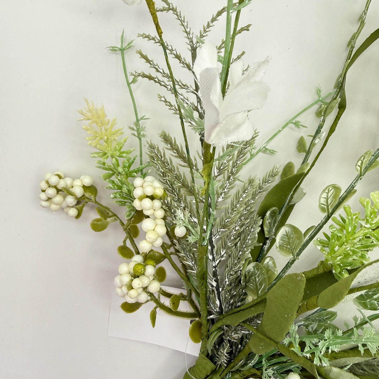 24"L Fabric Flower/EVA Leaf/Beads Spray: White, White Greenery Stem, Greenery Filler Bush with Leaves Buds  White Berries, 60919, FH807127