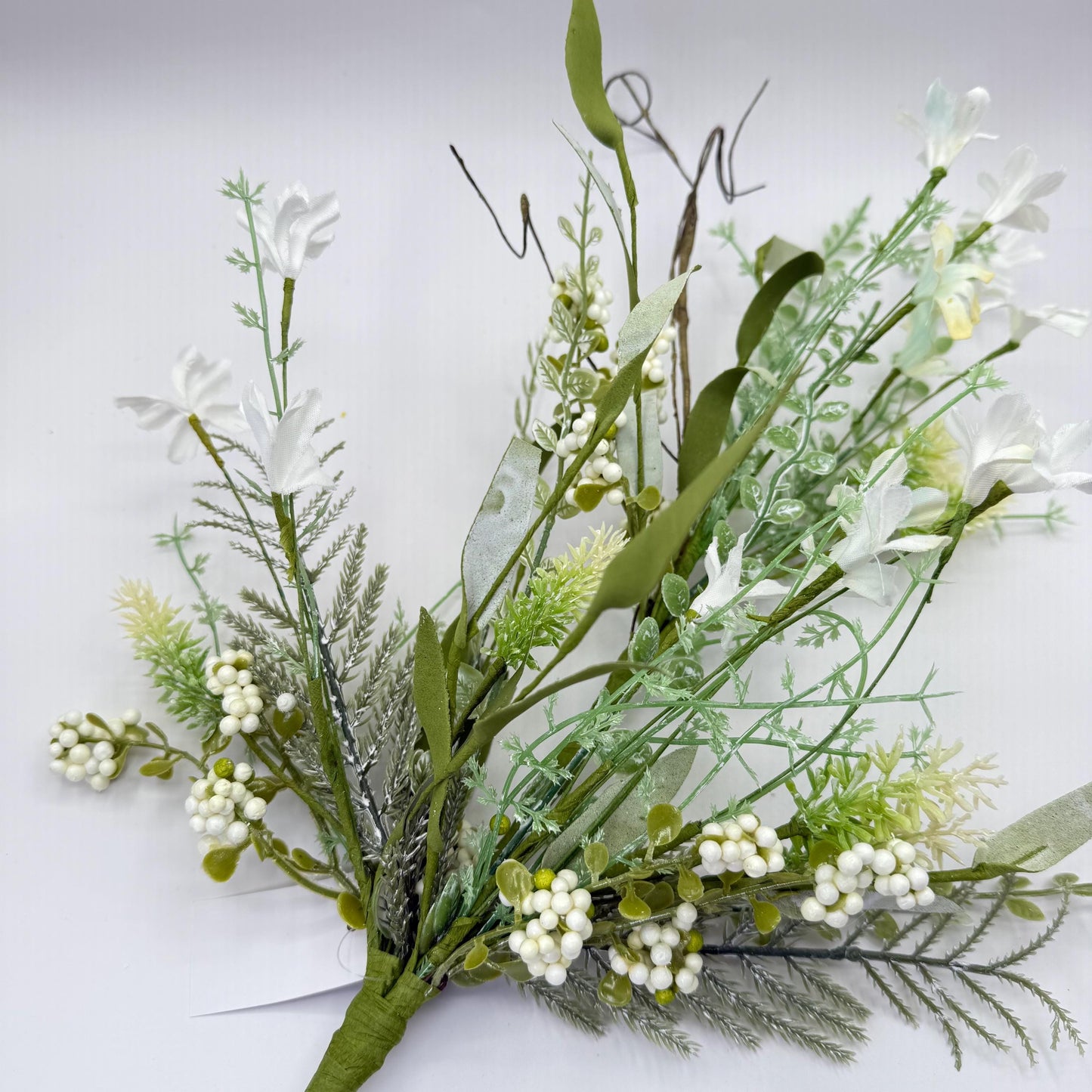 24"L Fabric Flower/EVA Leaf/Beads Spray: White, White Greenery Stem, Greenery Filler Bush with Leaves Buds  White Berries, 60919, FH807127