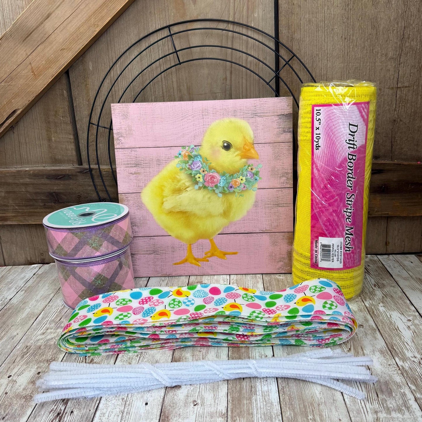 Easter Wreath Kit, Thin Easter Chick Wreath Kit, DIY Wall or Door Decor, Easter Sign Mesh and Ribbon Bundle, Pink Easter Egg Wall Decoration