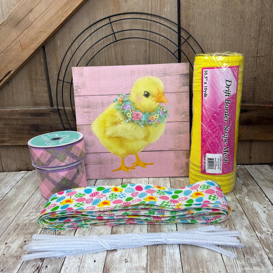 Easter Wreath Kit, Thin Easter Chick Wreath Kit, DIY Wall or Door Decor, Easter Sign Mesh and Ribbon Bundle, Pink Easter Egg Wall Decoration