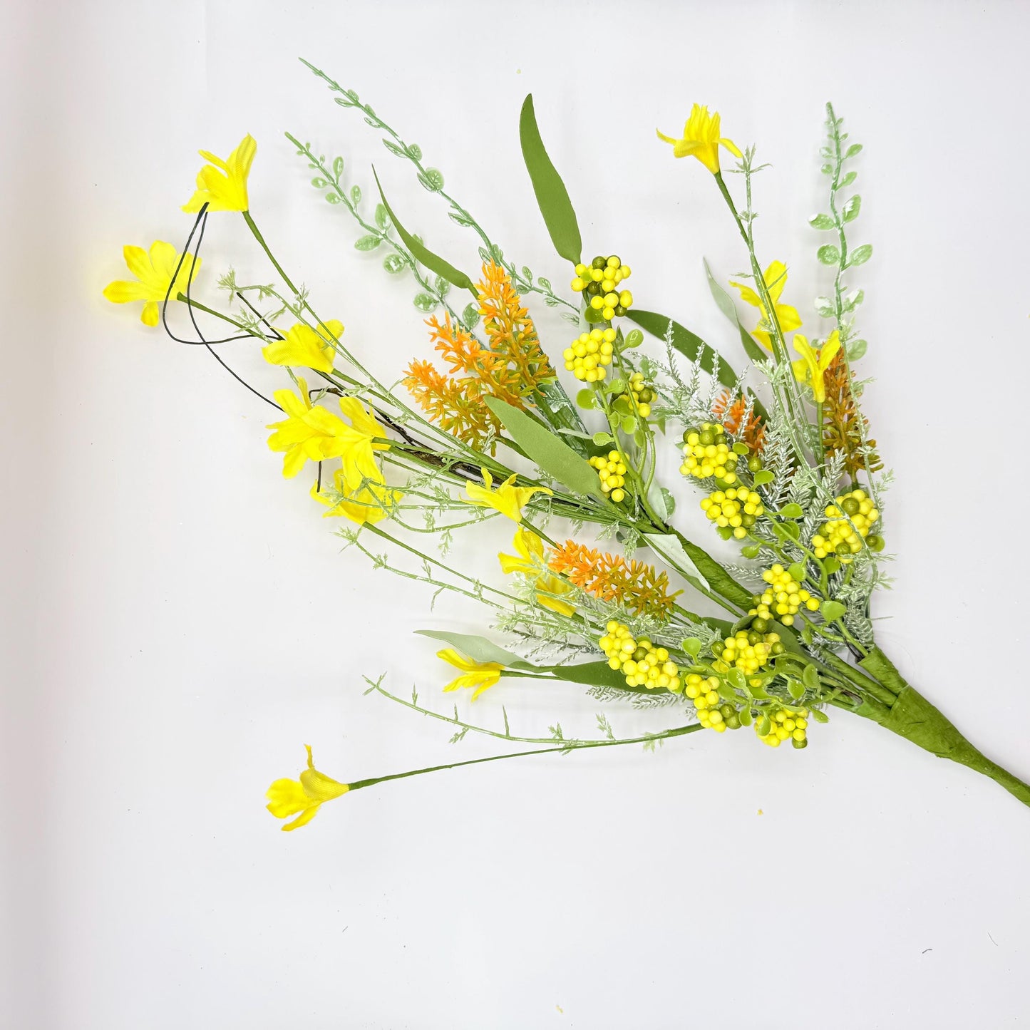 24"L Fabric Flower/EVA Leaf/Beads Spray: Yellow, Spring Greenery Stem, Easter Filler Bush with Leaves Buds Yellow Berries, 60919, FH807129