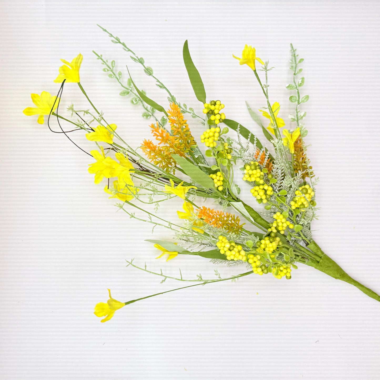 24"L Fabric Flower/EVA Leaf/Beads Spray: Yellow, Spring Greenery Stem, Easter Filler Bush with Leaves Buds Yellow Berries, 60919, FH807129