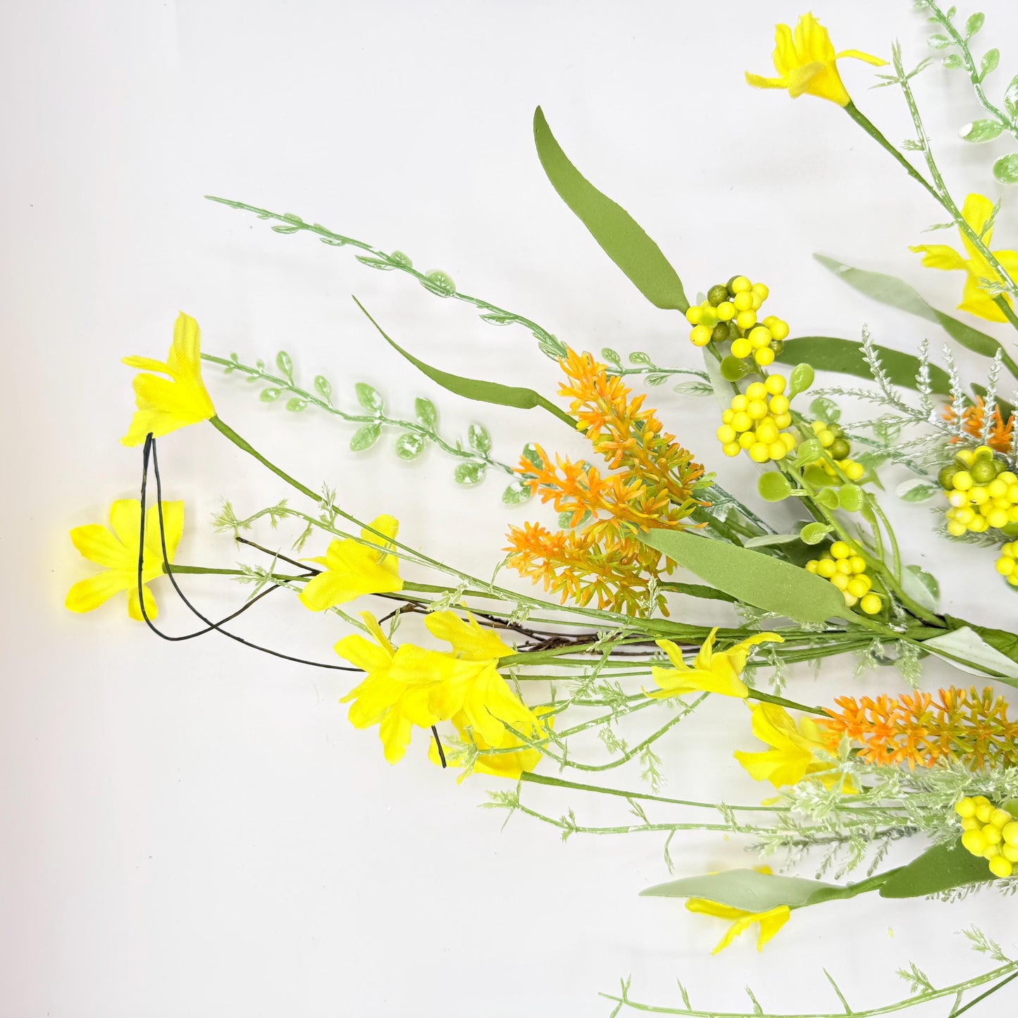 24"L Fabric Flower/EVA Leaf/Beads Spray: Yellow, Spring Greenery Stem, Easter Filler Bush with Leaves Buds Yellow Berries, 60919, FH807129