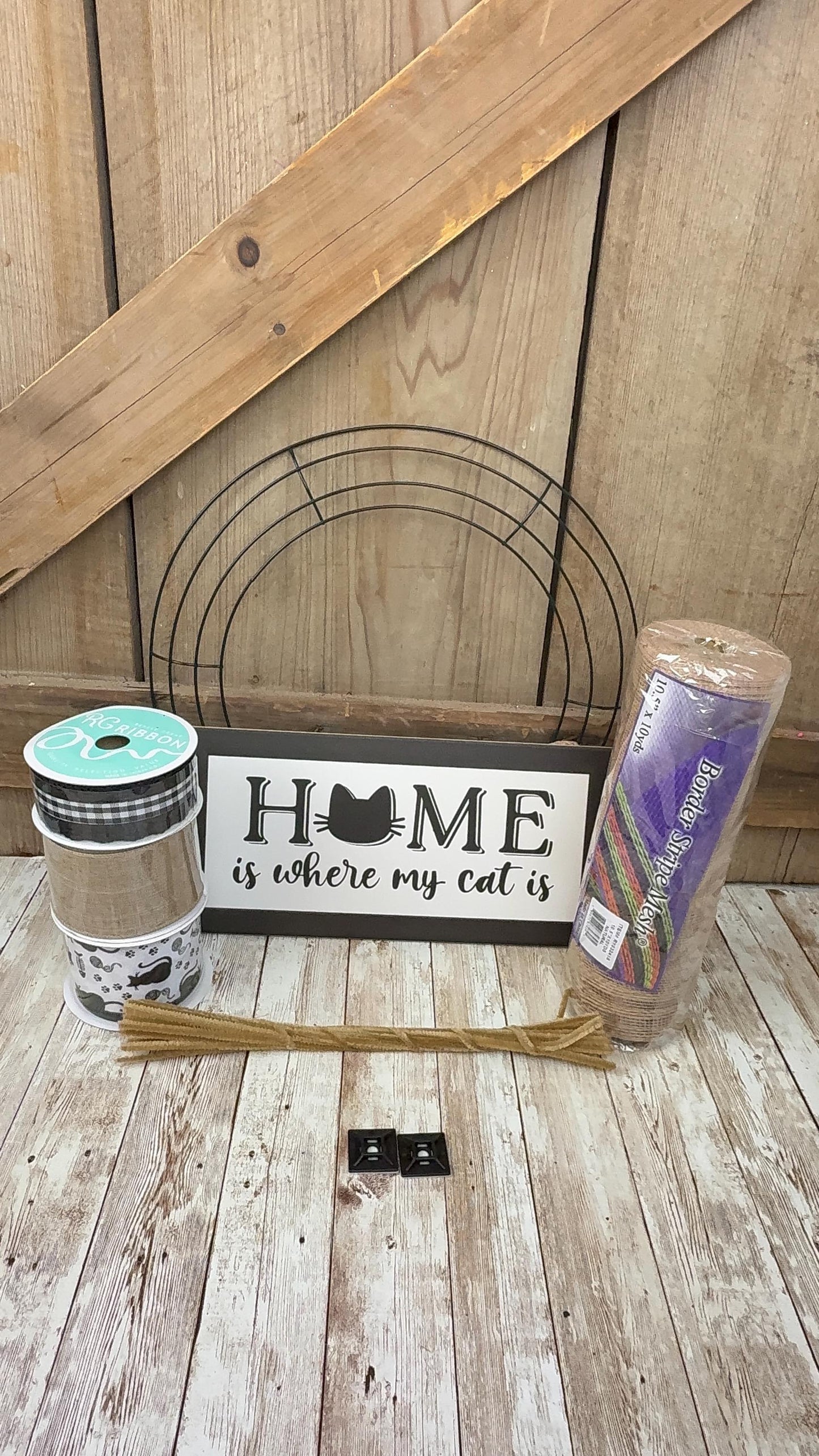 Cat Themed Thin Wreath Kit, Home Is Where My Cat Is, Farmhouse DIY Storm Door Wreath Kit, Cat Mom or Dad Gift, Kitty Decoration, Cat Decor