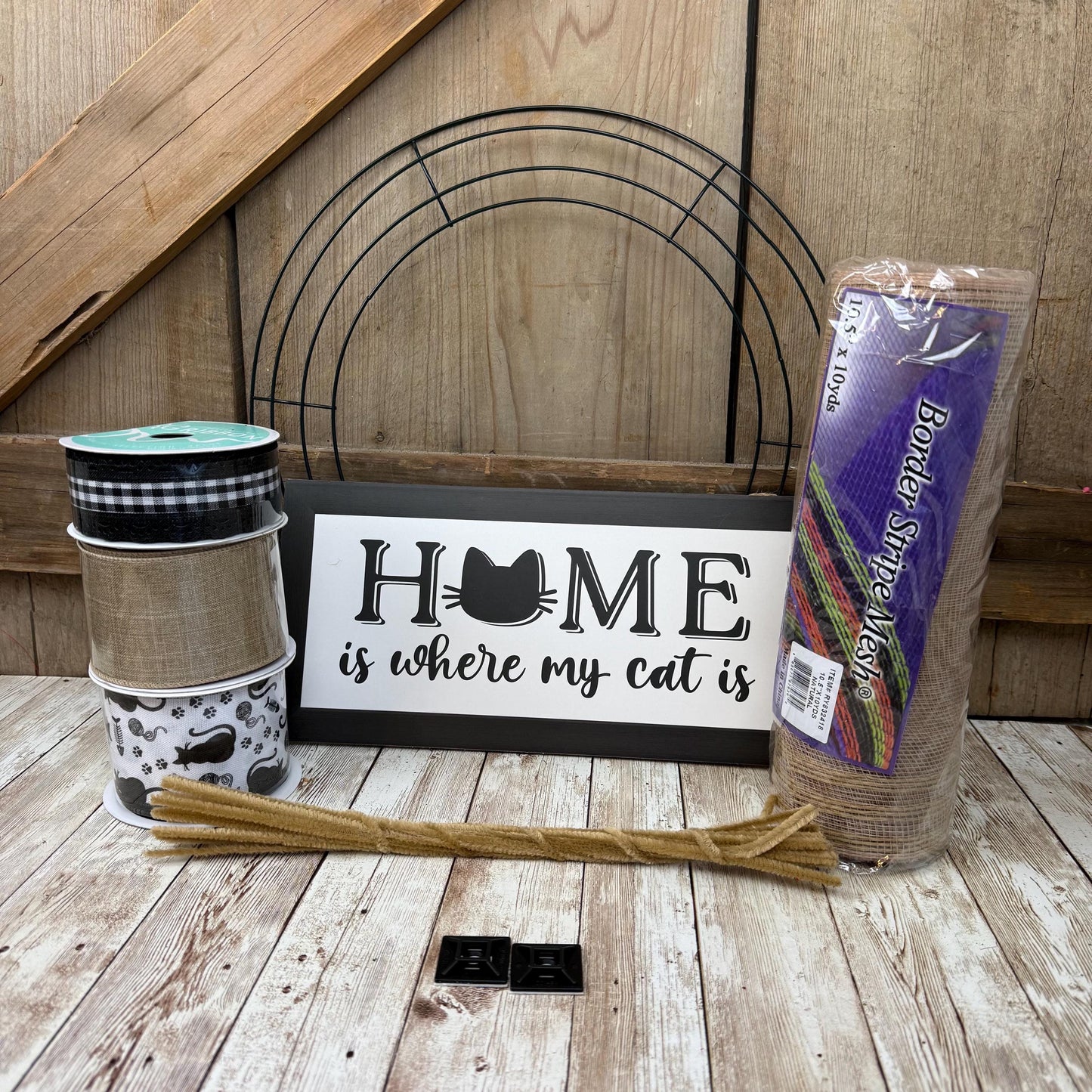 Cat Themed Thin Wreath Kit, Home Is Where My Cat Is, Farmhouse DIY Storm Door Wreath Kit, Cat Mom or Dad Gift, Kitty Decoration, Cat Decor